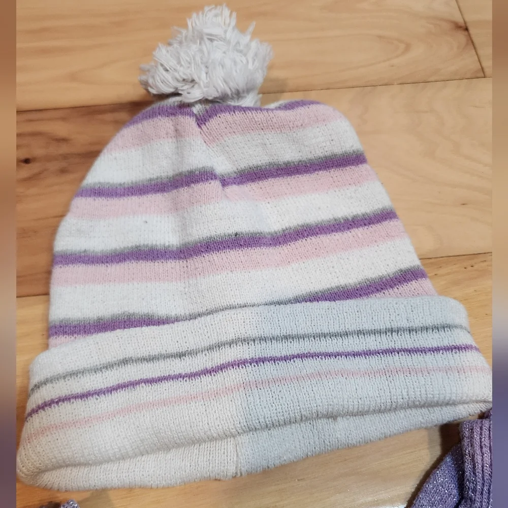 Cozy Purple and White Striped Hat and Gloves Set